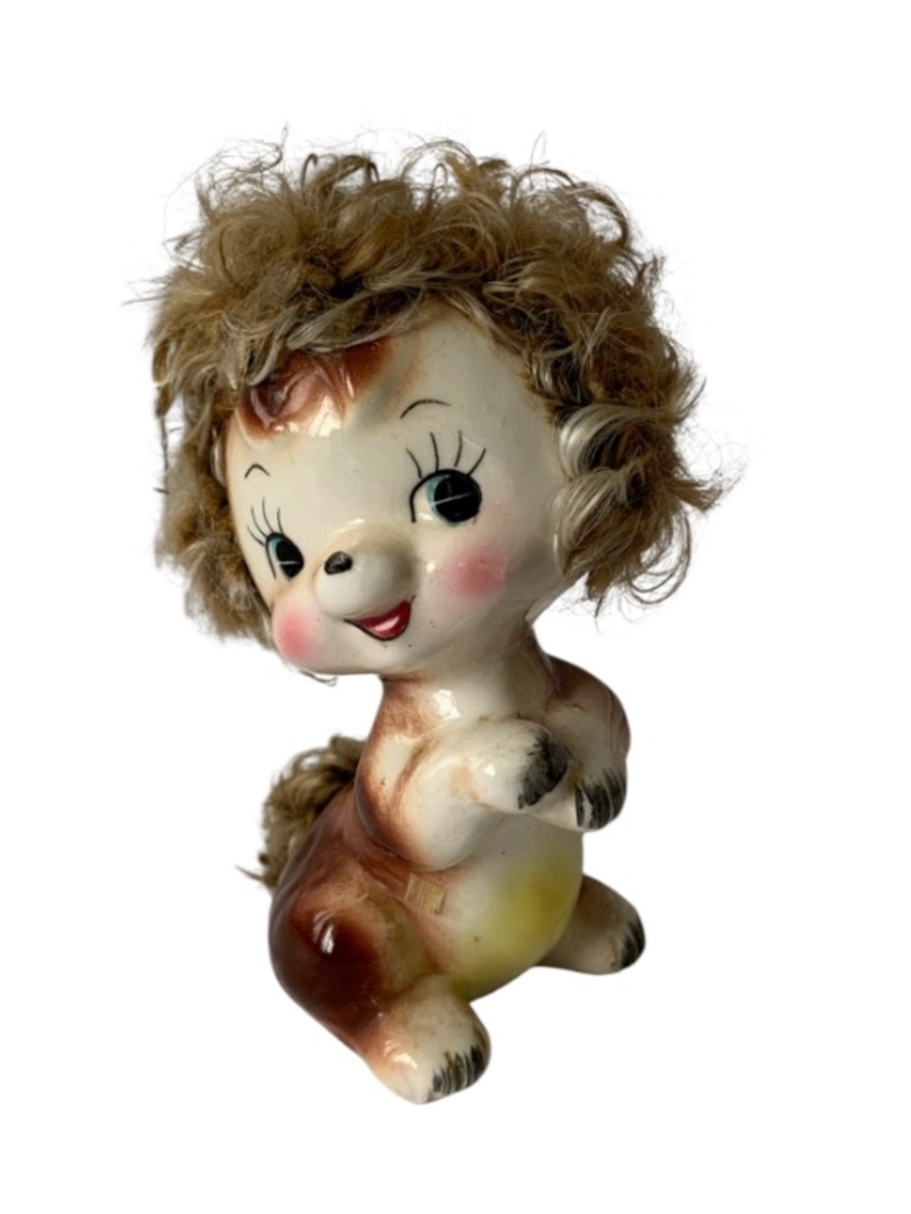 Vintage Ceramic Kewpie-Style Figurine with Curly Hair - Brown & Cream